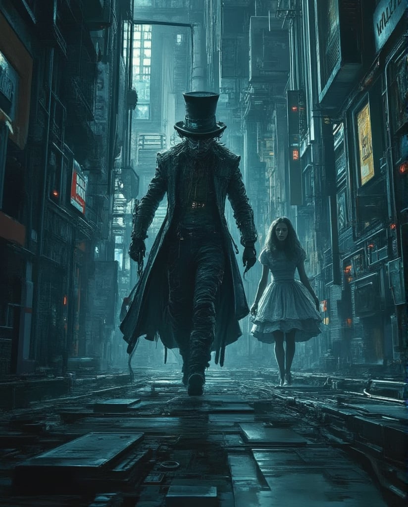 a futuristic madhatter chasing an cybernetic Alice, through a metallic maze,anime,cyberpunk