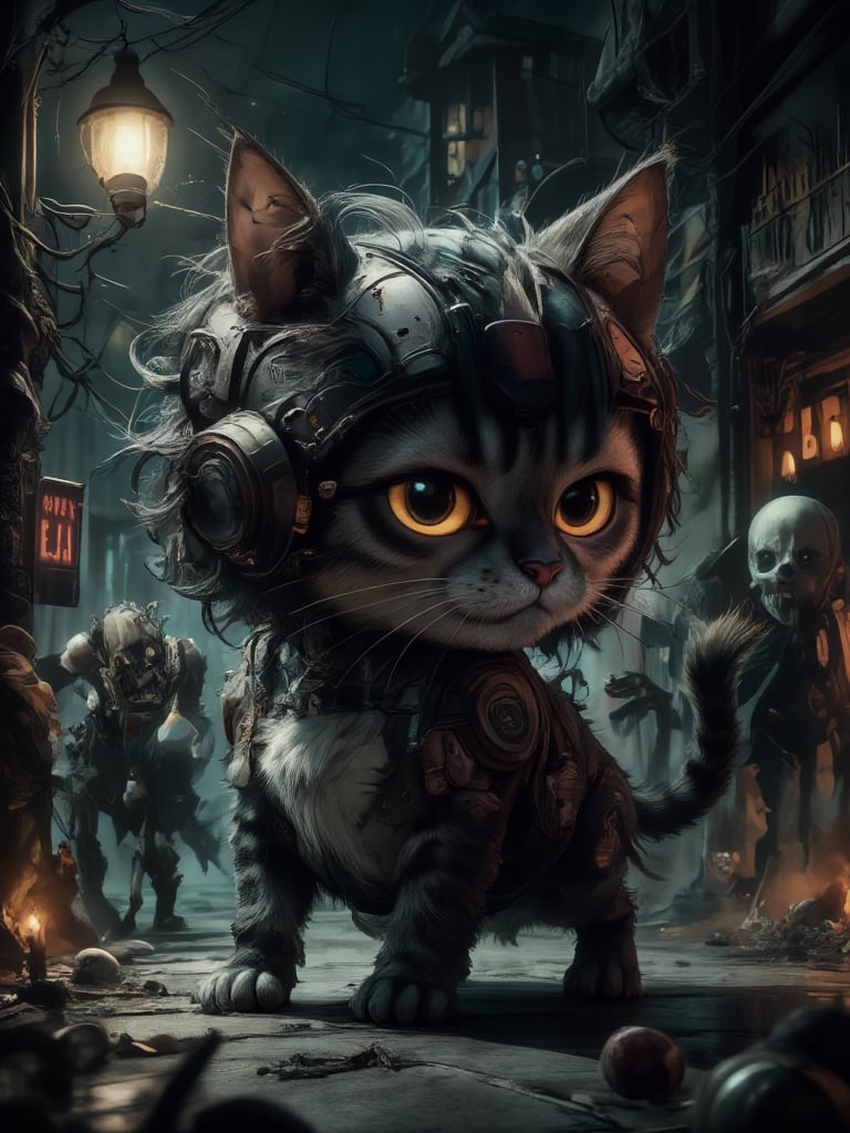 A young cat, black and white long hair, zombies and skeletons coming from behind, on the street, street lights in back ground. The scene is illuminated by flickering light from the street lamps.,spookbyte