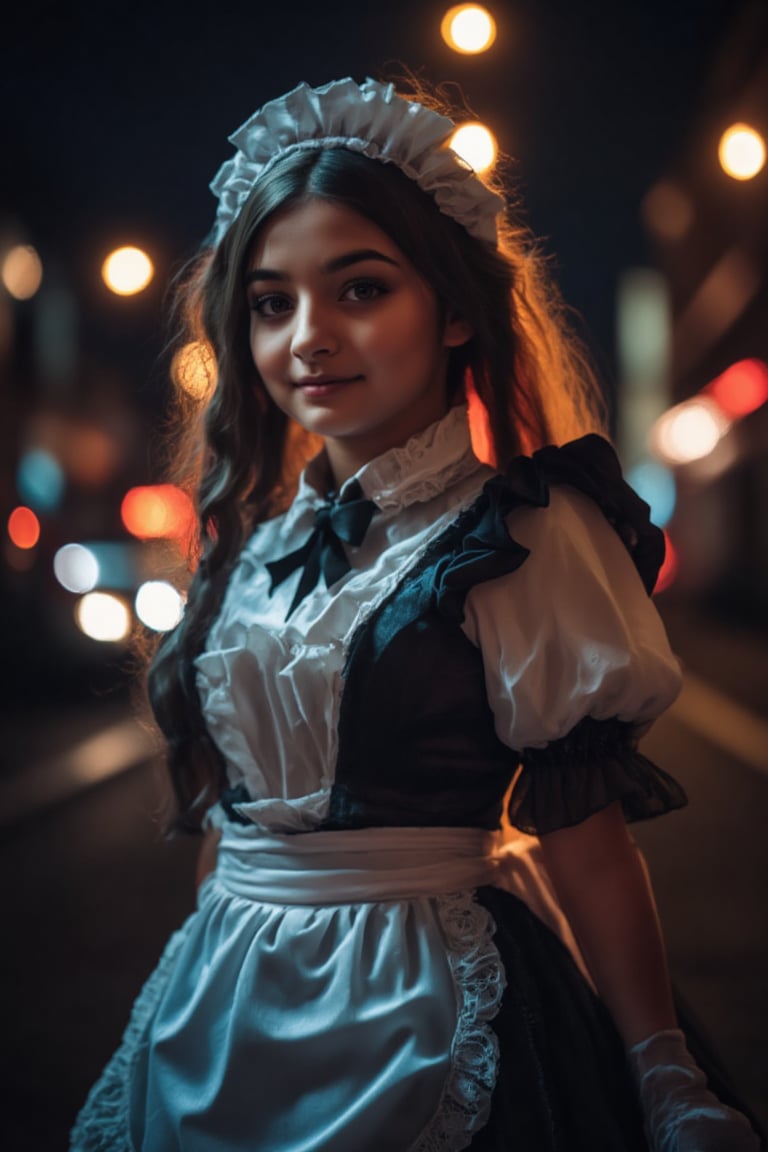 A stunning young girl, in a maid costume with intricate detailing, stands confidently on a dark street corner, street lights in back ground. The scene is illuminated by flickering light from the street lamps. Her expression playful.,Halloween