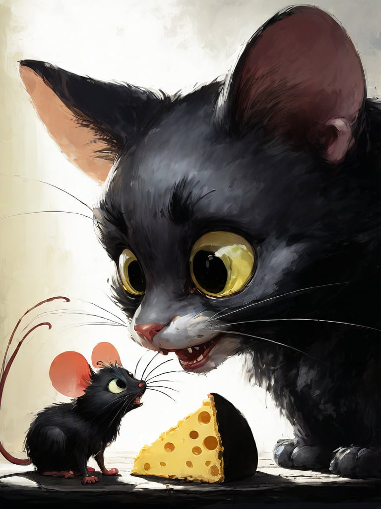 very cute fairy girl scolding a mouse for stealing cheese. Hugh scary black cat with sharp teeth in background.