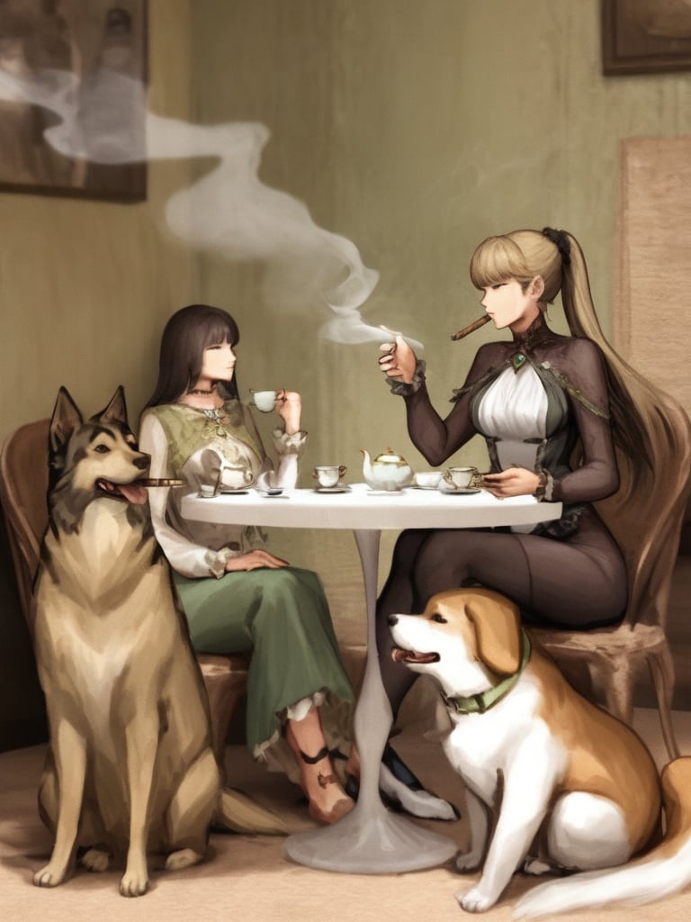 Eve having tea with three Cats and one dog, dog is smoking a cigar.