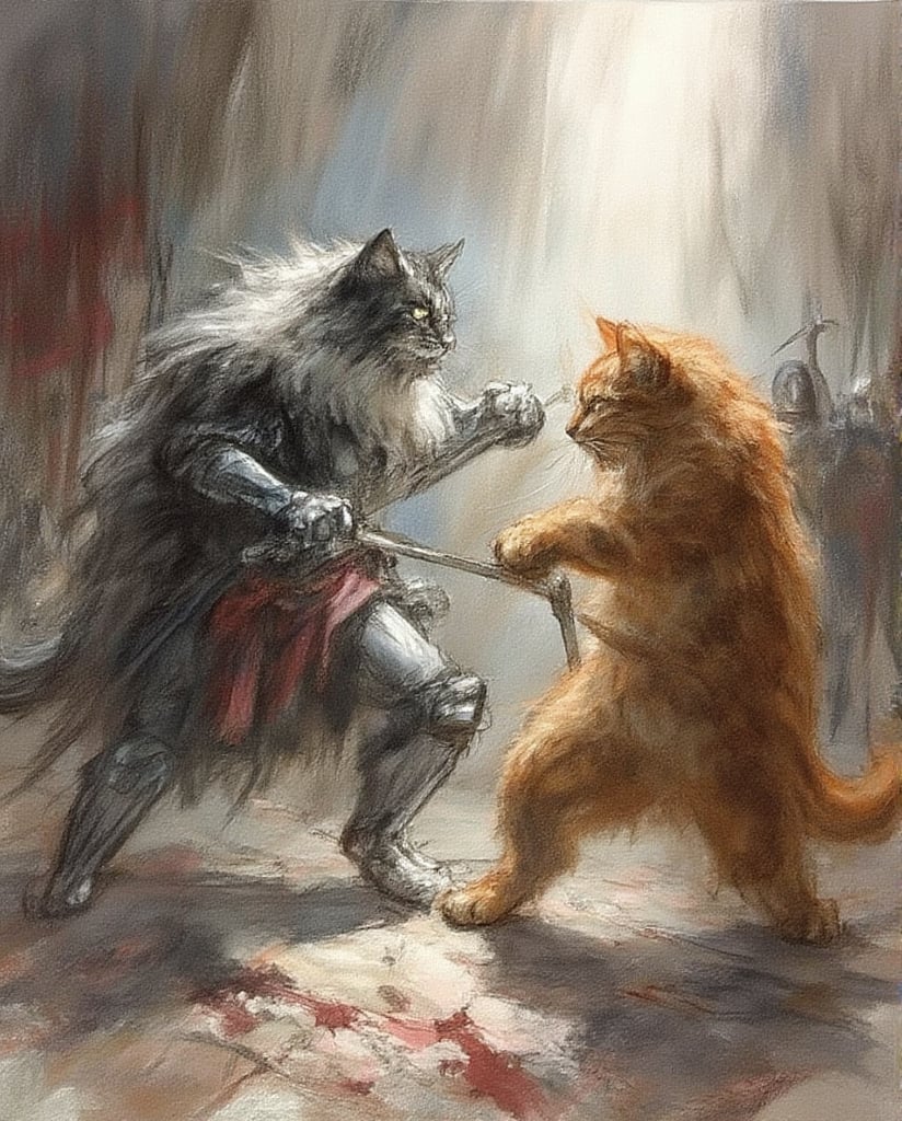 A sharp light bathes a dreary scene, where a long haired black and white cat warrior fighting a orange hire cat with sword and claw, donning a high tier suits of armor. The cats intense fighting is capture in a dark and bloody tone, a battle army in background,Watercolor style,Pencil drawing