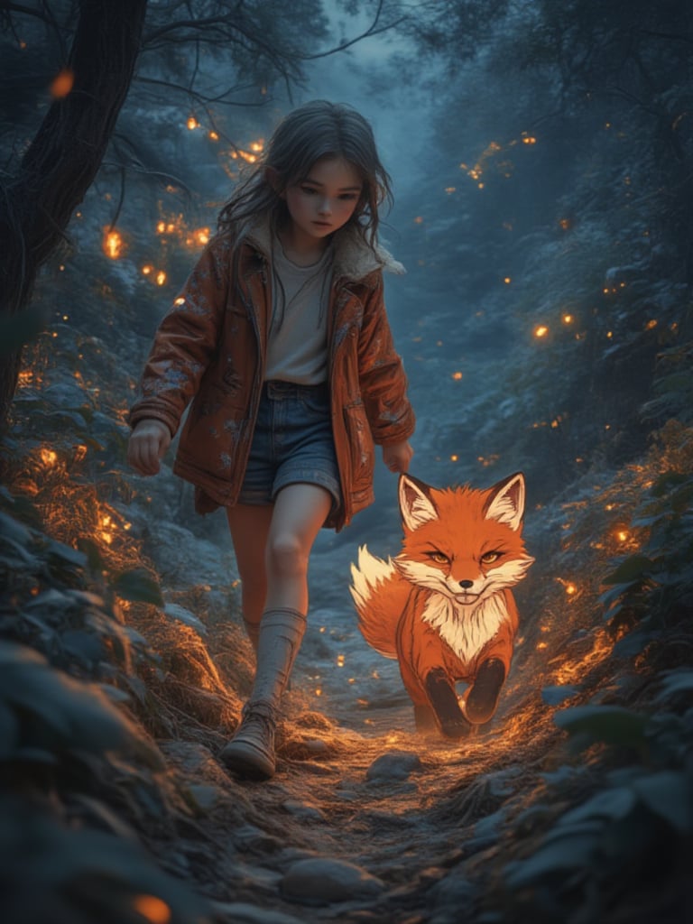 8k hd, best quality, high resolution, high definition, excellent quality, cute anima girl waking at night being followed by a fiery fox, smallfireanimal