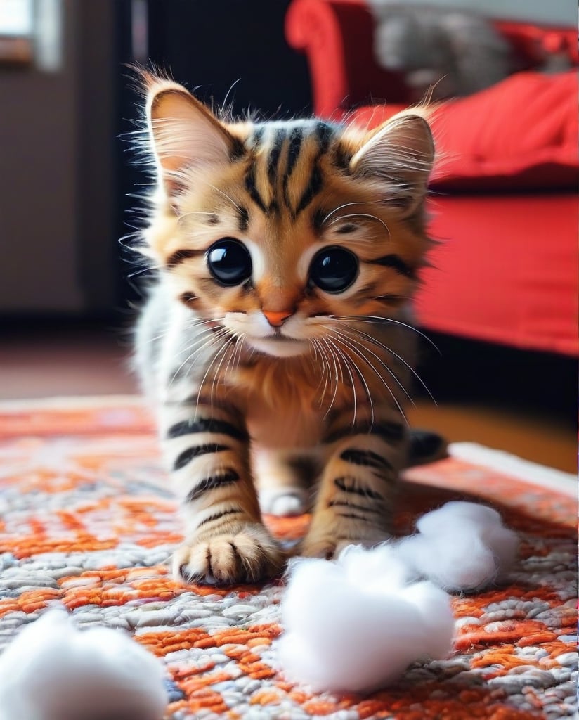 A cute cat ready to pounce on the piece of a strange cotton on the carpet in front. intense colorization.