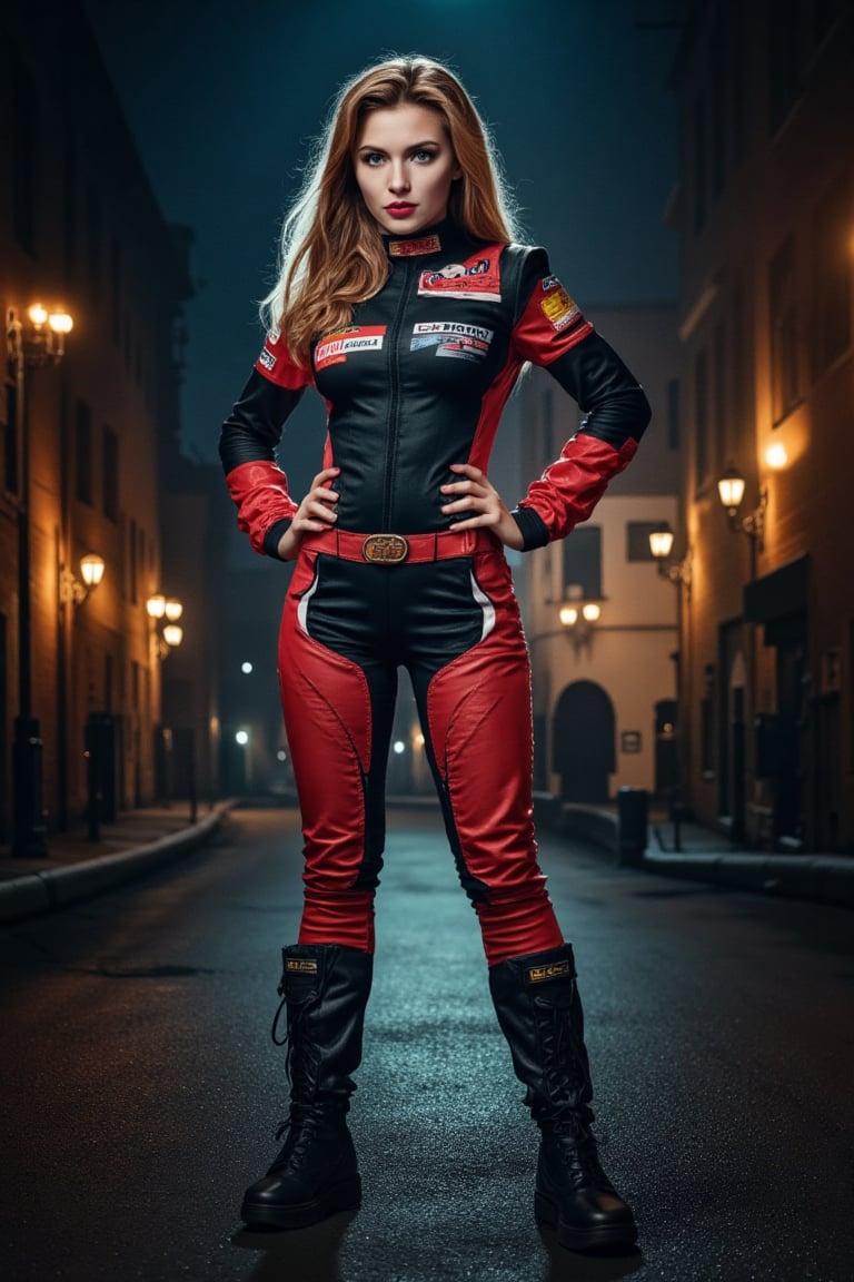 A teen girl, in a race car driver costume with intricate detailing, stands confidently on a dark street corner, street lights in back ground. The scene is illuminated by flickering light from the street lamps. Her expression playful.,Halloween,sticker-like