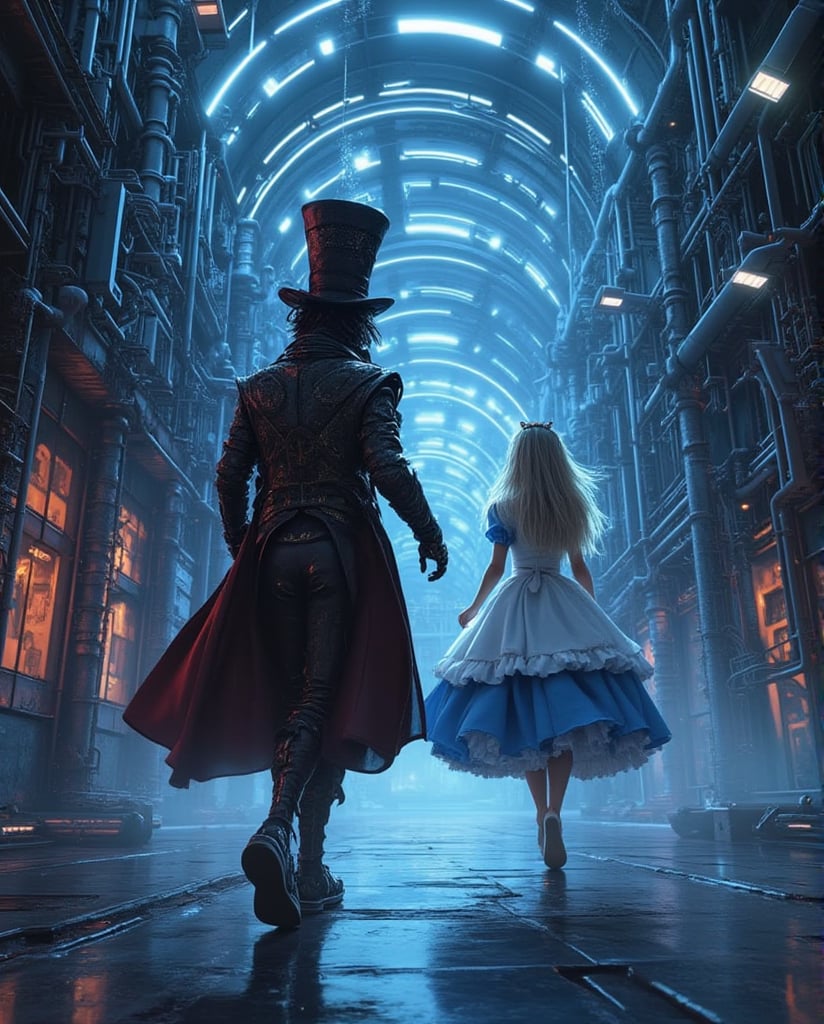 a futuristic madhatter chasing an cybernetic Alice, through a metallic maze,anime,cyberpunk