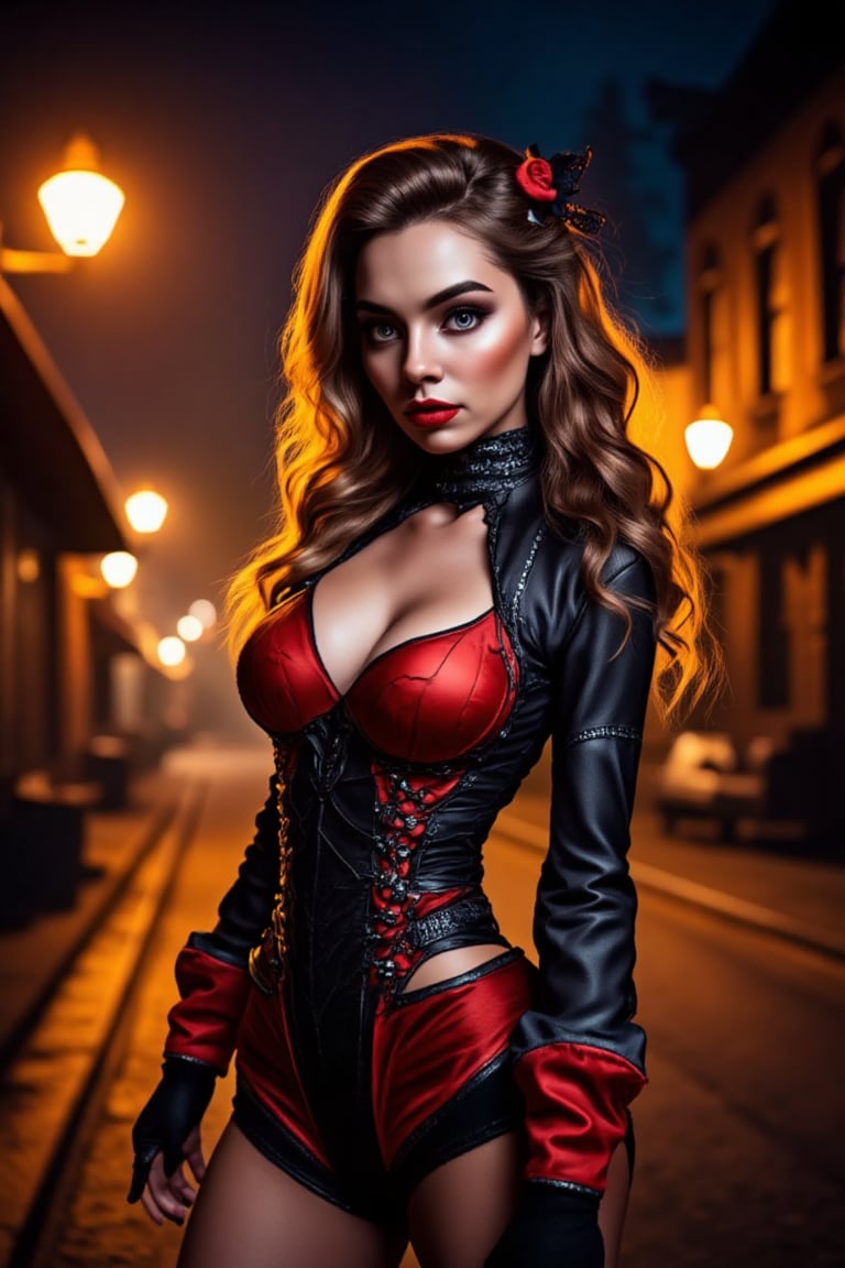 A teen girl, in a race car driver costume with intricate detailing, stands confidently on a dark street corner, street lights in back ground. The scene is illuminated by flickering light from the street lamps. Her expression playful.,Halloween,sticker-like