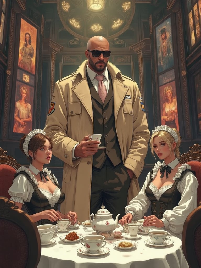 GTA character at a tea party, wearing a trench coat in an epic tea sipping, with three well dress figures, maids around serving tea, gtastyle, anime