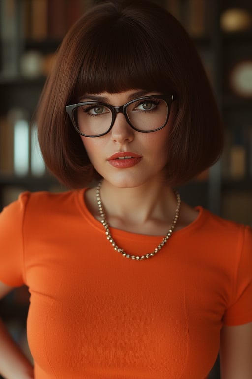 velma from scooby-doo, bobcut, very sultry look, so hot girl, beautiful charismatic girl, so hot shot, athletic body, a woman wearing eye glasses and an orange top, goth style mood, dark eye makeup, life-size figures