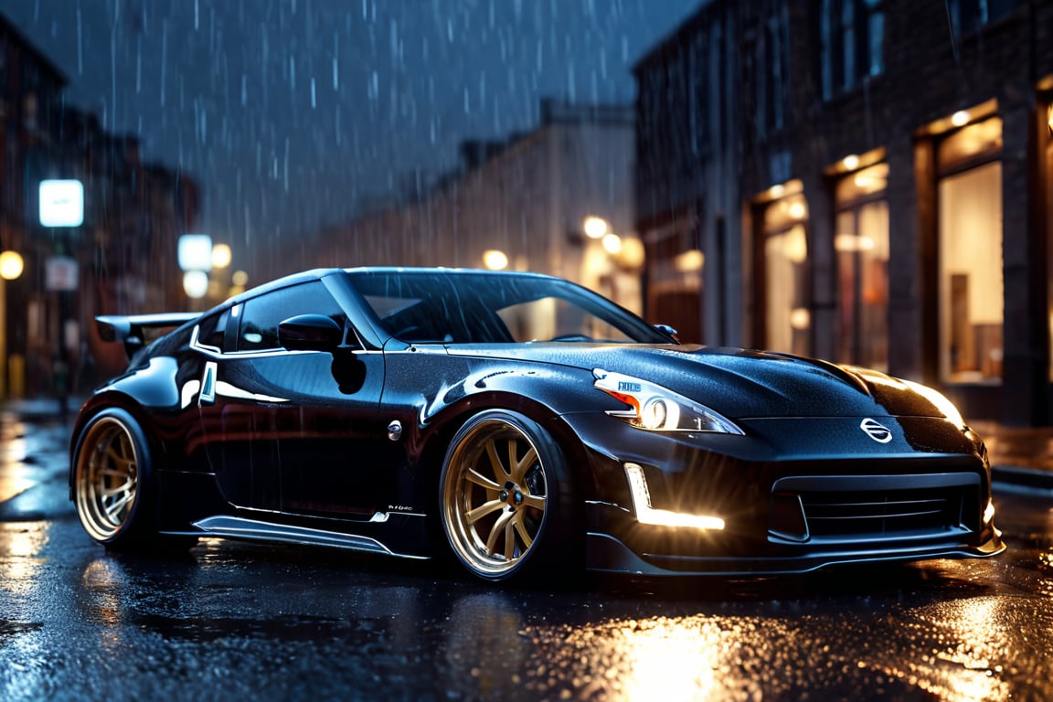 Nissan Fairlady Z, midnight, rain, 8k, 4k, detailed, attractive, beautiful, impressive, photorealistic, realistic, cinematic composition, volumetric lighting, high-resolution, vivid, detailed, stunning, professional, lifelike, crisp, flawless, DSLR, 4k, 8k, 16k, 1024, 2048, 4096, detailed, sharp, best quality, high quality, highres, absurdres, maximum detail, hard rim lighting photography, hyper realism, high detail, 8k, HDR, UHD