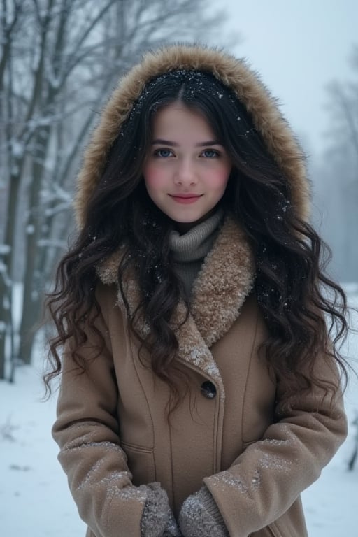 (realistic:1.7), (Cinematic quality:1.5), 1girl, cute, very sweet, cold girl on the snow, well covered with warm clothes, smile, hooded coat, long hair , masterpiece, best quality, (very aesthetic:1.2), (absurdres:1.2), (detailed background), woman, black hair, curly hair, long hair, olive eyes, slim waist, light skin