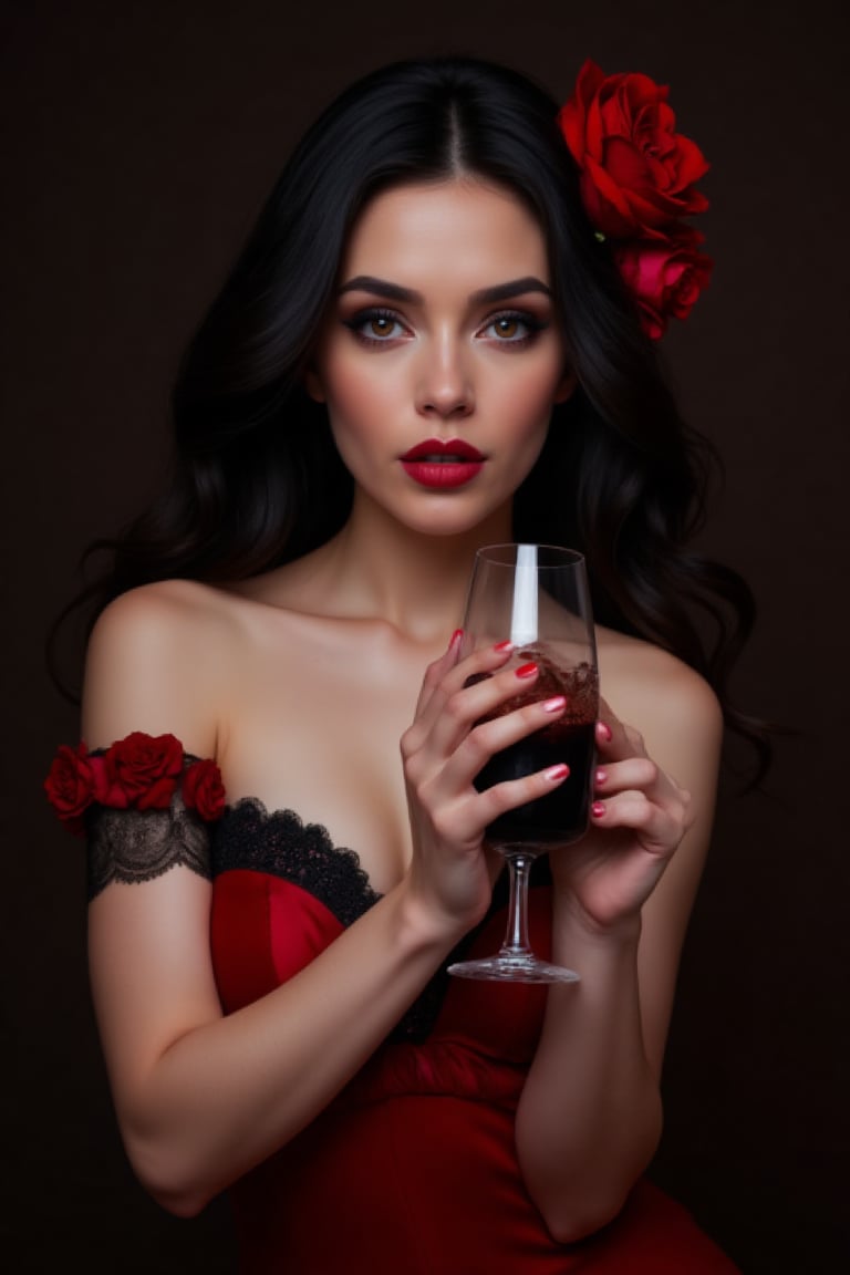 brunette woman, half body, with black hair and red rose in her hair. wearing red and black dress, holding a glass in her hands. sensual woman, penetrating look, extroverted. richness of details. 8k.