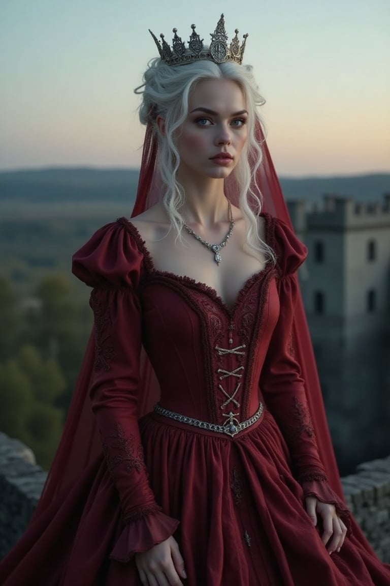 Gorgeous and sultry busty athletic (thin) queen with sharp facial features wearing a modest updo, dark red medieval dress, long sleeves, intricate patterns, scrollwork, wide neck, crown, veil, long dress, modest dress, tight bodice, (silver waist chain), medieval jewelry, Middle Ages, castle, rampart, wall, exterior, on top of a castle wall, trees, countryside, evening, sunset.,albino,white hair