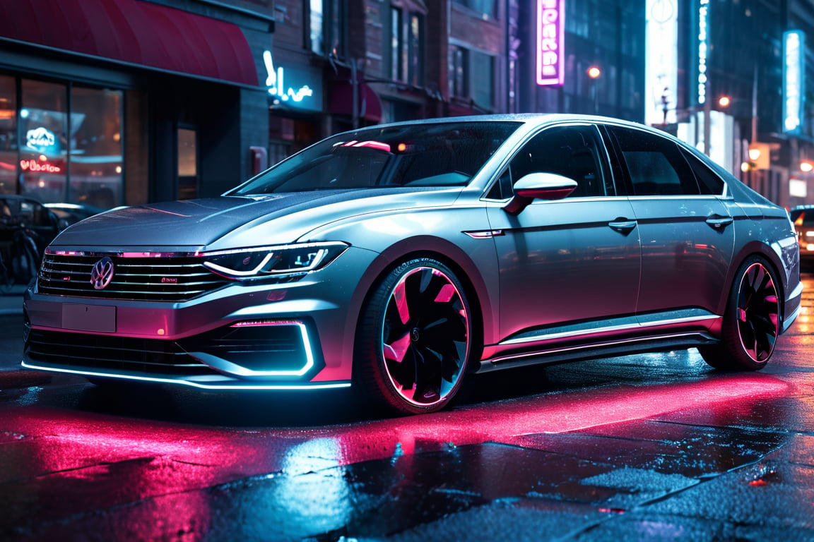 car photography,Volkswagen passat in cyberpunk city, 8k, 4k, detailed, attractive, beautiful, impressive, photorealistic, realistic, cinematic composition, volumetric lighting, high-resolution, vivid, detailed, stunning, professional, lifelike, crisp, flawless, DSLR, 4k, 8k, 16k, 1024, 2048, 4096, detailed, sharp, best quality, high quality, highres, absurdres, maximum detail, hard rim lighting photography, hyper realism, high detail, 8k, HDR, UHD