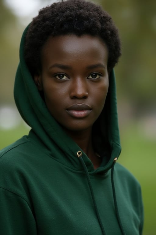 woman, very dark skin,ebony,african, green hoodie, outdoors, park background