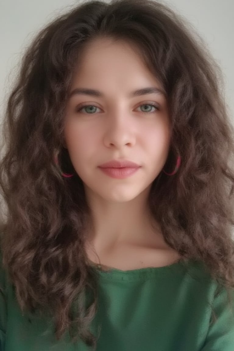 Make a realistic beautiful woman with curly brown hair, with brown skin tone and with a green blouse and colorful hoop earrings.,\realface\