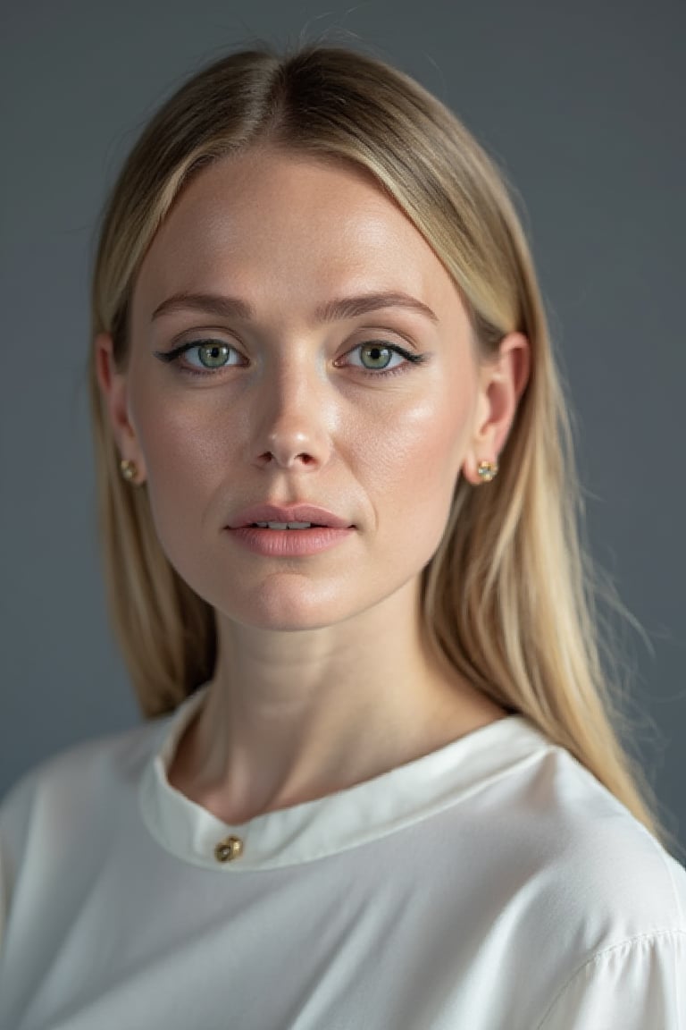 RAW photo, (high detailed skin:1.2), 8k UHD, DSLR, soft lighting, high quality, film grain, Fujifilm XT3, RAW candid cinema, 16mm, color graded portra 400 film, remarkable color, ultra realistic, remarkable detailed pupils, shot with cinematic camera,a woman with blond hair standing in front of a gray background wearing a white dress, 1girl(Katia Winter), solo, realistic, blonde hair, long hair, looking at viewer, jewelry, earrings, portrait