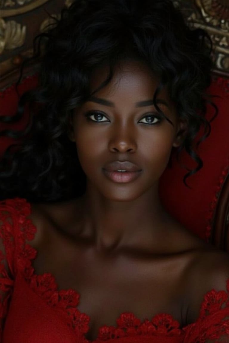 generates a novel-style cover about a 18 y.o. black-haired, blue-eyed girl from the Victorian era, lying on a Victorian-era piece of furniture, with a red lace dress,very dark skin,ebony,african