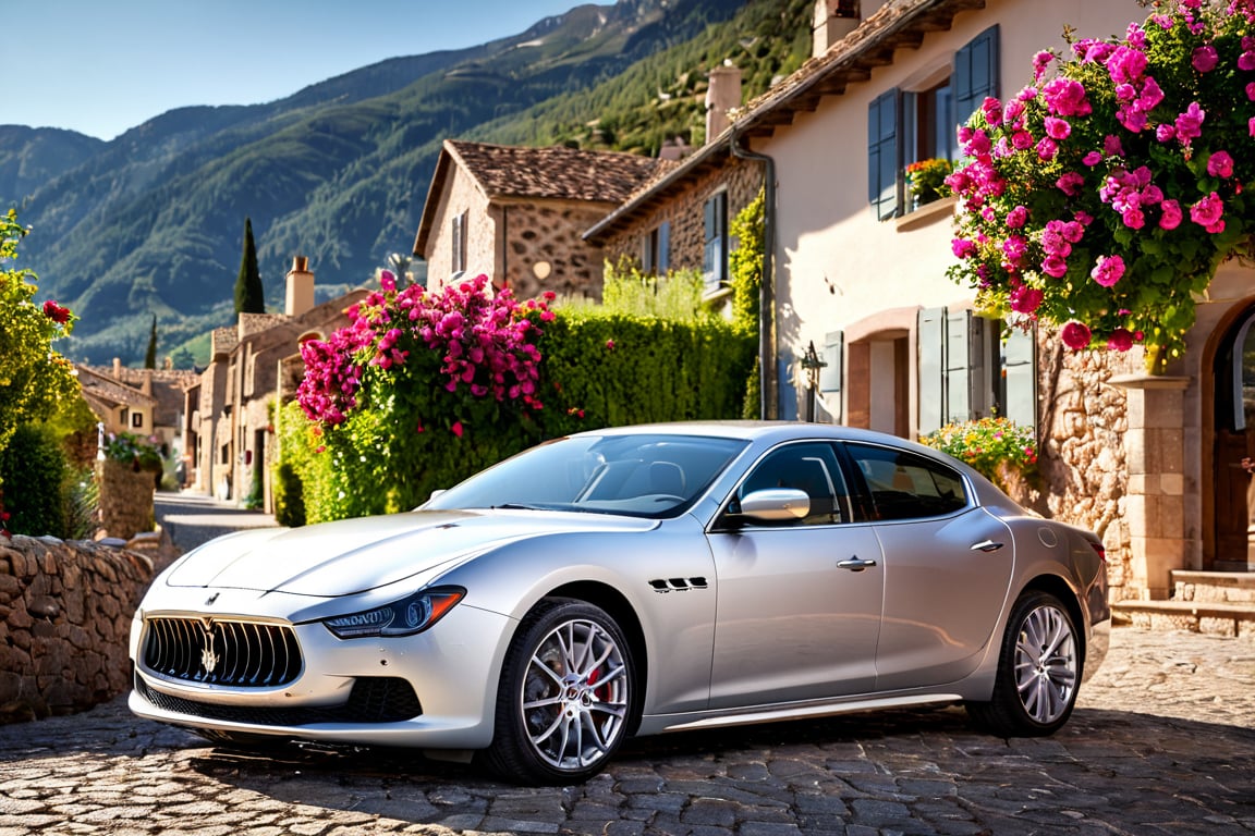 car photography, maserati ghibli sports car in village near mountain by mark hanks painting, car, ground vehicle, motor vehicle, flower, outdoors, no humans, scenery, day, vehicle focus, road, 8k, 4k, detailed, attractive, beautiful, impressive, photorealistic, realistic, cinematic composition, volumetric lighting, high-resolution, vivid, detailed, stunning, professional, lifelike, crisp, flawless, DSLR, 4k, 8k, 16k, 1024, 2048, 4096, detailed, sharp, best quality, high quality, highres, absurdres, maximum detail, hard rim lighting photography, hyper realism, high detail, 8k, HDR, UHD