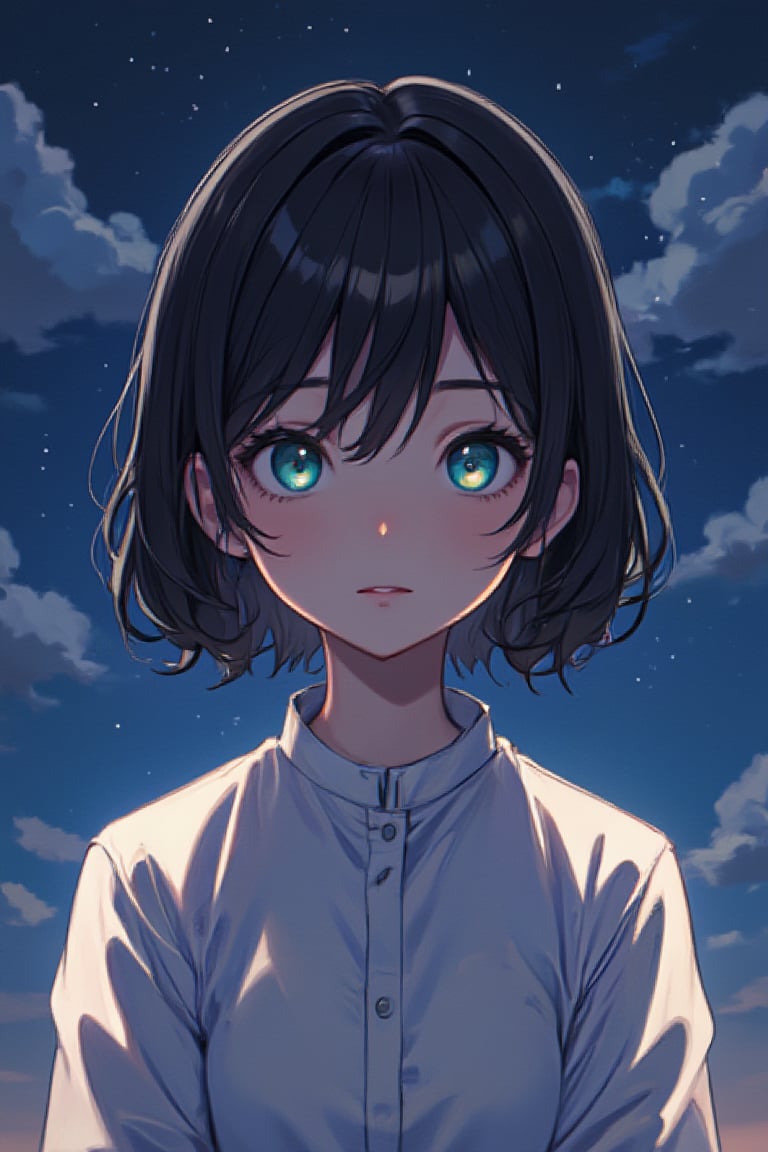 girl in light clothing, style artist oyari ashito, against the night sky, night, portrait, satisfaction, enjoyment, manga graphics, anime, drawing, dark exposure, bright colors, the highest quality, the highest detail, first-person view, dark tones, Clouds