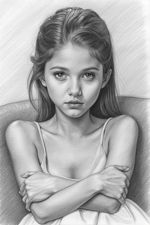 girl takes a picture while she is posing for a picture on the couch, 1girl, solo, realistic,, long hair, looking at viewer, portrait, pencil drawing