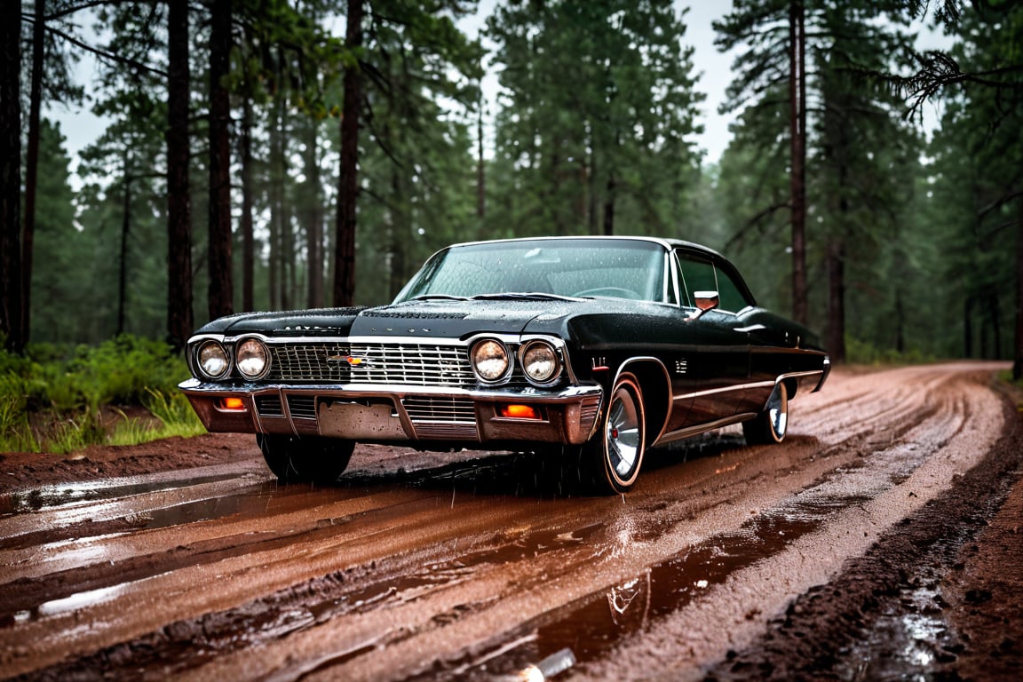 car photography, vintage Chevrolet Impala:Litflan impala, black sky, Dirt roads, dim light, tall pine trees, with intense rain, 8k, 4k, detailed, attractive, beautiful, impressive, photorealistic, realistic, cinematic composition, volumetric lighting, high-resolution, vivid, detailed, stunning, professional, lifelike, crisp, flawless, DSLR, 4k, 8k, 16k, 1024, 2048, 4096, detailed, sharp, best quality, high quality, highres, absurdres, maximum detail, hard rim lighting photography, hyper realism, high detail, 8k, HDR, UHD