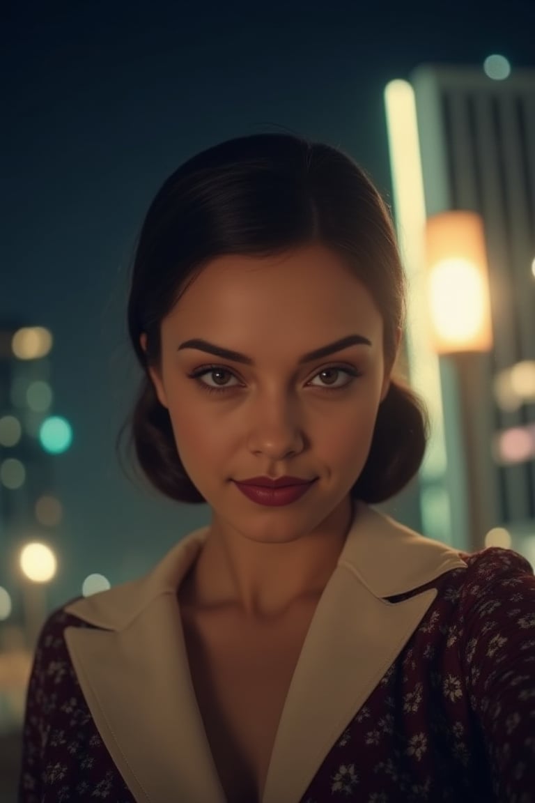 8k, best quality, masterpiece, ultra high resolution, (realism: 1.4), original photo, (Realistic skin texture: 1.3), (film grain: 1.3), (Selfie angle), woman, night sky and neon glow behind her, black hair tied in a french twist, fashionable clothes, 1940s style conservative dress, very pale skin,Louisa