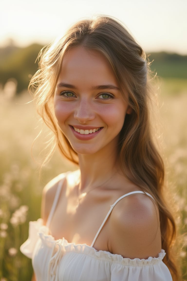 Best quality, masterpiece, ultra high res, (photorealistic:1.4), raw photo, 1girl, white dress, off shoulder, flower field, glowing skin, light smile,