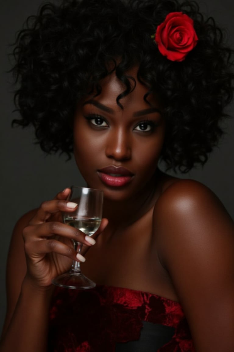 woman, half body, with black curly hair and red rose in her hair. wearing red and black dress, holding a glass in her hands. sensual woman, penetrating look, extroverted. richness of details. 8k,very dark skin,ebony,african