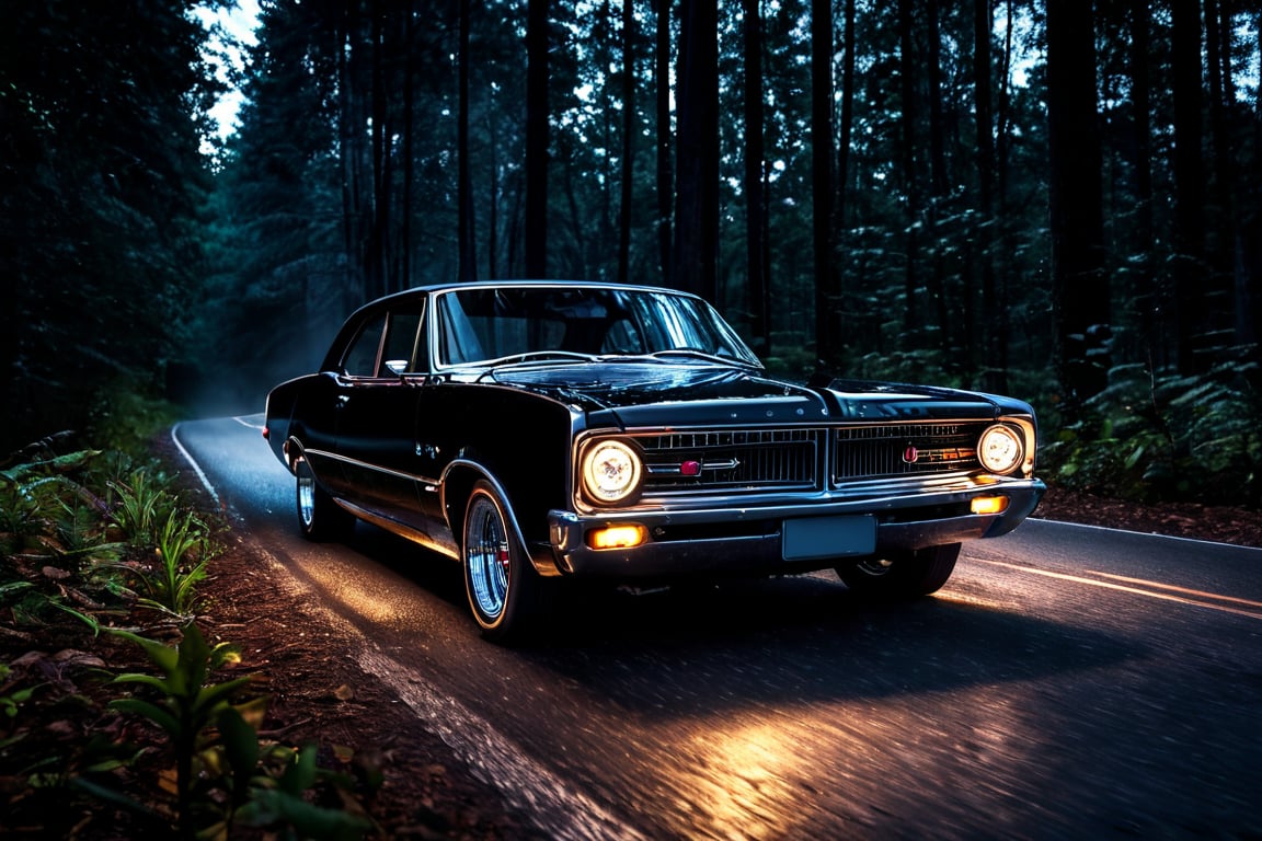 car photography, black Chrysler Valiant car on a road in the middle of a forest at night , 8k, 4k, detailed, attractive, beautiful, impressive, photorealistic, realistic, cinematic composition, volumetric lighting, high-resolution, vivid, detailed, stunning, professional, lifelike, crisp, flawless, DSLR, 4k, 8k, 16k, 1024, 2048, 4096, detailed, sharp, best quality, high quality, highres, absurdres, maximum detail, hard rim lighting photography, hyper realism, high detail, 8k, HDR, UHD