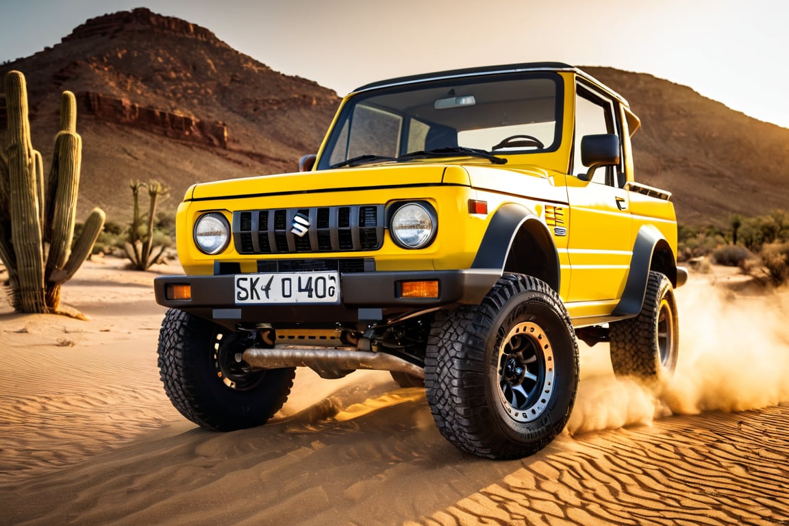 car photography, suzuki samurai, yellow color, desert, dust, 8k, 4k, detailed, attractive, beautiful, impressive, photorealistic, realistic, cinematic composition, volumetric lighting, high-resolution, vivid, detailed, stunning, professional, lifelike, crisp, flawless, DSLR, 4k, 8k, 16k, 1024, 2048, 4096, detailed, sharp, best quality, high quality, highres, absurdres, maximum detail, hard rim lighting photography, hyper realism, high detail, 8k, HDR, UHD