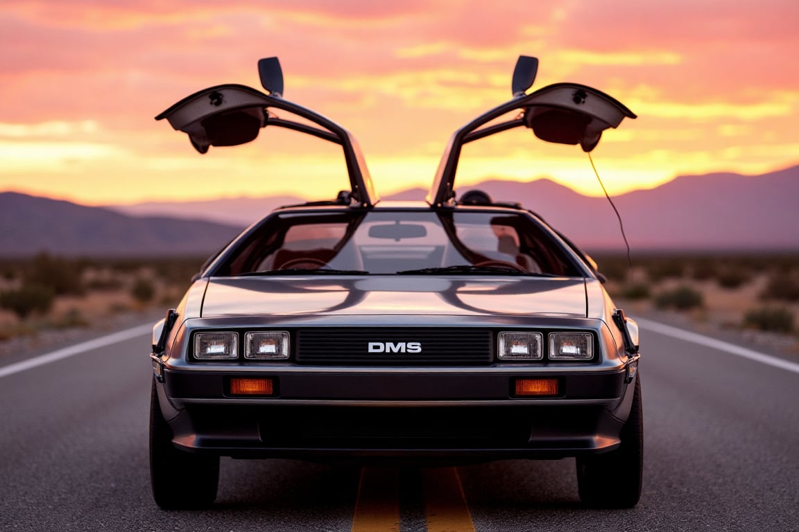 A sleek,  time-traveling DeLorean DMC-19,  identical to the one from Back to the Future by user_776539390288635677 on Tens...