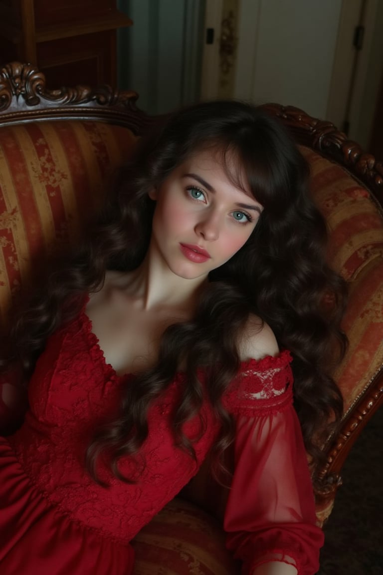 generates a novel-style cover about a 18 y.o. black-haired, blue-eyed girl from the Victorian era, lying on a Victorian-era piece of furniture, with a red lace dress