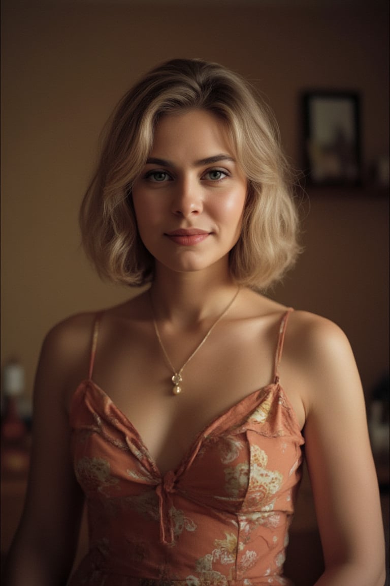 very nice woman, gorgeous, mature, dominessa, blonde, dress, necklace, (Lens flare:0.7), (Cross-processing), (cinematic lighting:1.1), filmed on a Hasselblad medium format camera , with Cinestill 800T film, Filmcorn, grainy, muted colors,\realface\