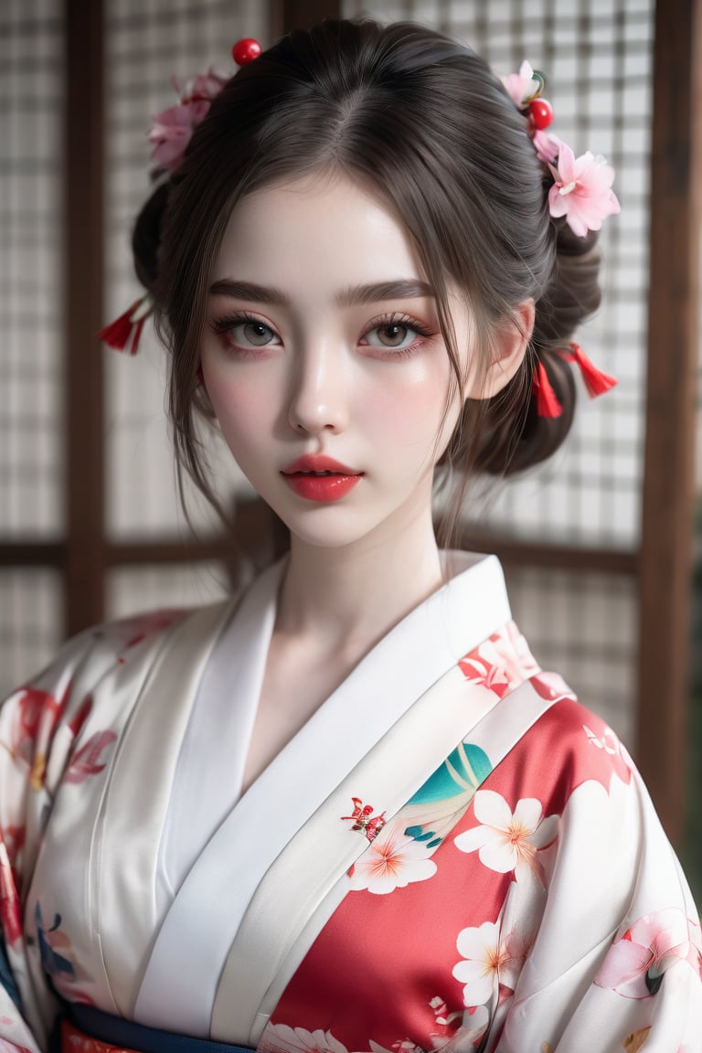 (8 k, Raw photo, Best quality, A high resolution:1.2), (realistic, photo-realistic:1.5), 1 girl, One , pale skin, Beautiful face, Cute, extremely detailed eyes, cherry heart shaped lips, upper body, kimono,