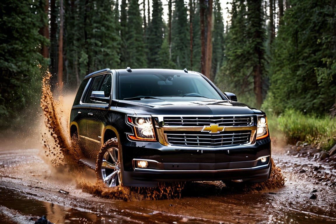 car photography, chevrolet tahoe (good composition), black color, rain, off-road, dirt, 8k, 4k, detailed, attractive, beautiful, impressive, photorealistic, realistic, cinematic composition, volumetric lighting, high-resolution, vivid, detailed, stunning, professional, lifelike, crisp, flawless, DSLR, 4k, 8k, 16k, 1024, 2048, 4096, detailed, sharp, best quality, high quality, highres, absurdres, maximum detail, hard rim lighting photography, hyper realism, high detail, 8k, HDR, UHD,