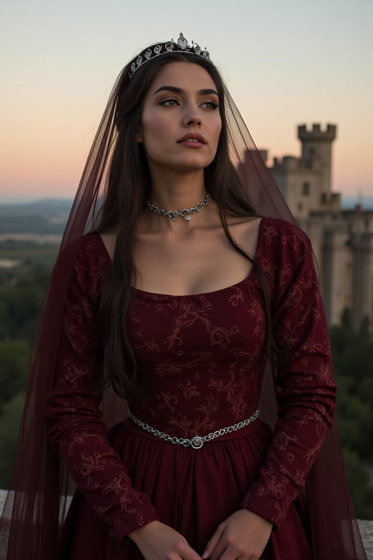 Gorgeous and sultry busty athletic (thin) brunette queen with sharp facial features wearing a modest updo, dark red medieval dress, long sleeves, intricate patterns, scrollwork, wide neck, crown, veil, long dress, modest dress, tight bodice, (silver waist chain), medieval jewelry, Middle Ages, castle, rampart, wall, exterior, on top of a castle wall, trees, countryside, evening, sunset,\realface\