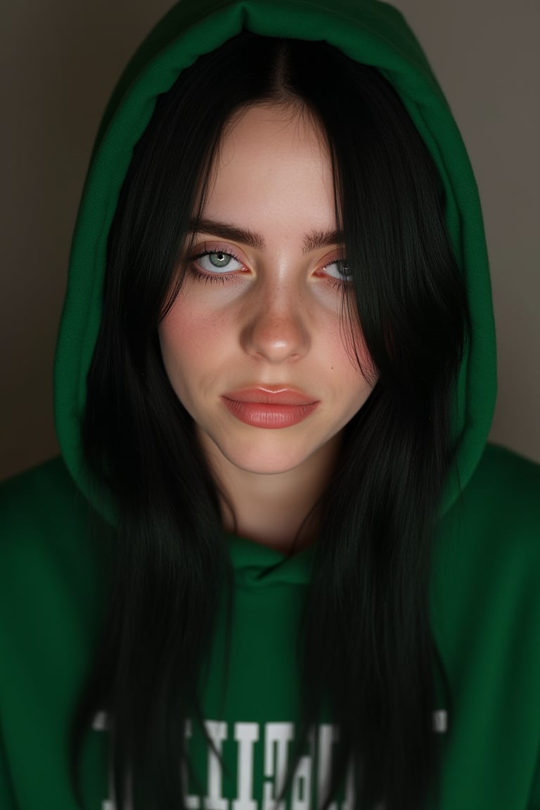 photo of a stunning girl, wear a hoodie, long black green hair on one side, looks at the camera, symmetrical eyes, symmetrical face, Photorealistic, photo, path tracing, mirror lighting, volumetric light for face, path of drawn hair, visible shadows, difficult, Develop,Billie Eilish