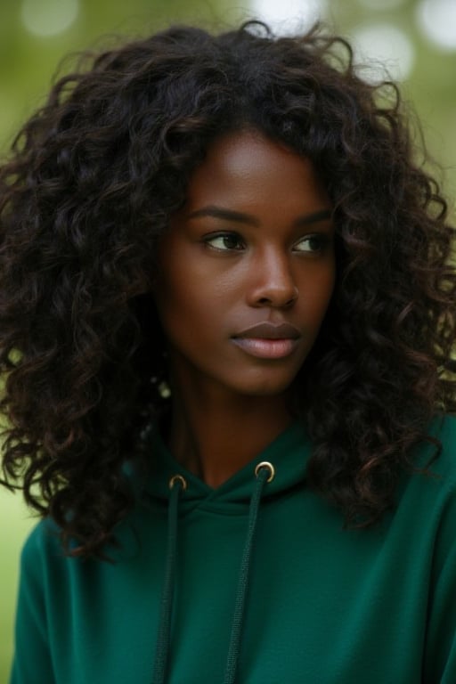 woman, very dark skin,ebony,african, green hoodie, long curly hair, outdoors, park background