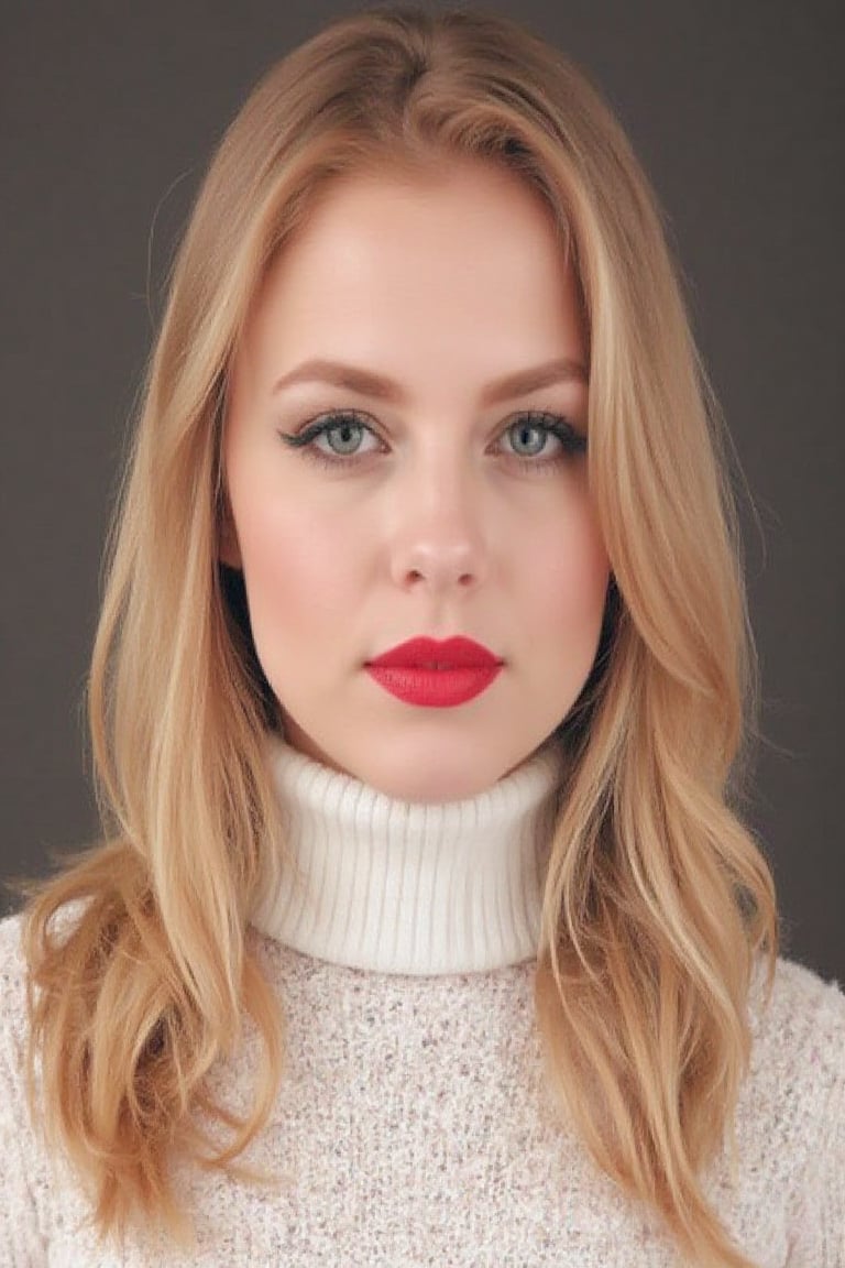 girl, turtleneck_sweater, blonde, red lipstick