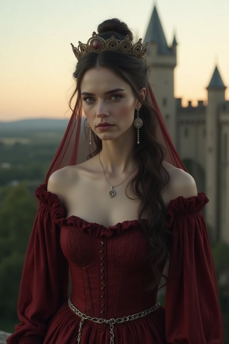 Gorgeous and sultry busty athletic (thin) brunette queen with sharp facial features wearing a modest updo, dark red medieval dress, long sleeves, intricate patterns, scrollwork, wide neck, crown, veil, long dress, modest dress, tight bodice, (silver waist chain), medieval jewelry, Middle Ages, castle, rampart, wall, exterior, on top of a castle wall, trees, countryside, evening, sunset.,albino,white hair