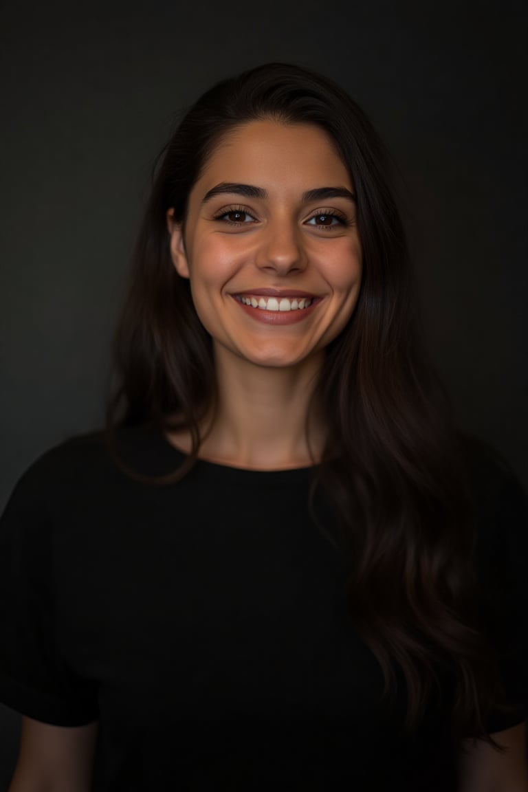 Raw photo, face portrait photo of a beautiful 26-year-old girl, cute face, in a black dress, happy face, hard shadows, cinematic frame, dramatic lighting,\realface\