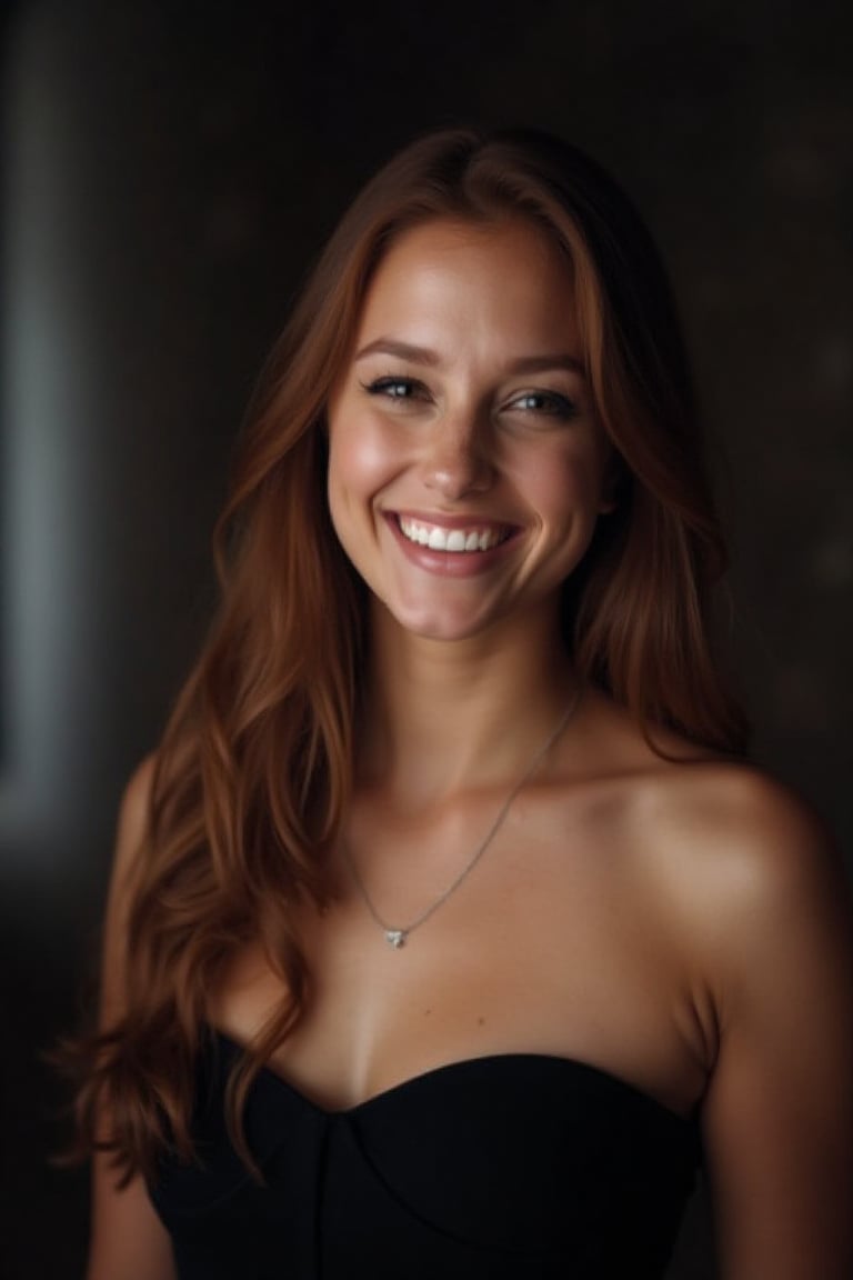 Raw photo, face portrait photo of a beautiful 26-year-old girl, cute face, in a black dress, happy face, hard shadows, cinematic frame, dramatic lighting