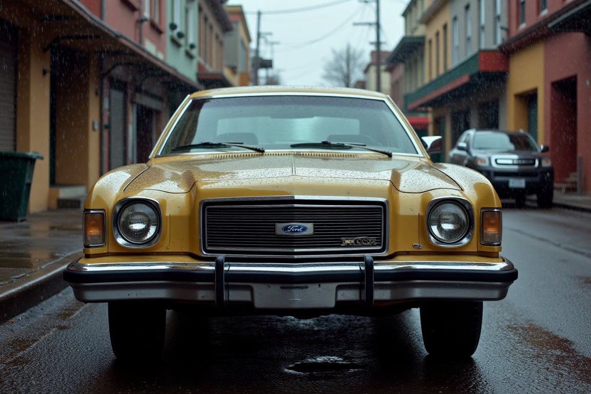 A classic 1975 Ford Maverick sedan,  gleaming in the rain,  parked on a wet by user_776539390288635677 on Tensor.Art