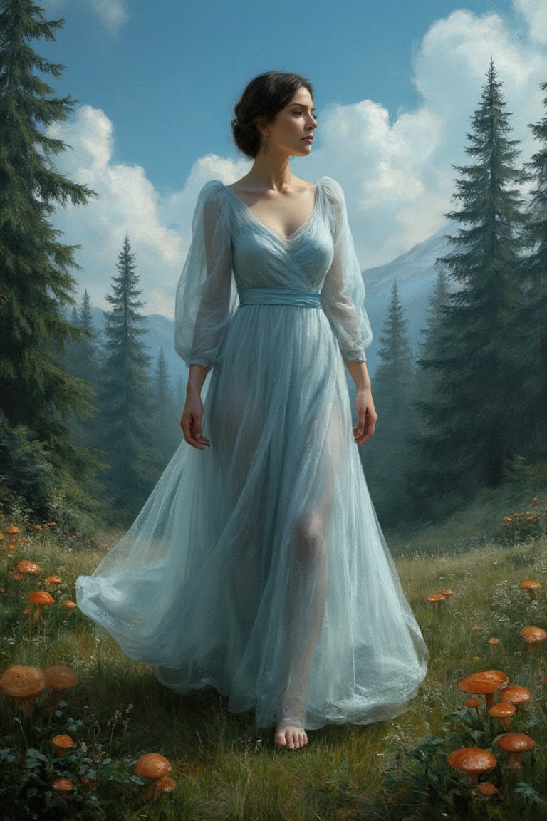 woman, dress, extremely detailed face, anatomically correct, symmetrical, concept art, 4 k, macro detail, stride, realistic shadows, mushroom trees, fir, deep beautiful blue, cinematic view, epic sky, detailed, concept art, artstation, realistic, octane render, heavy oil painting by greg rutkowski