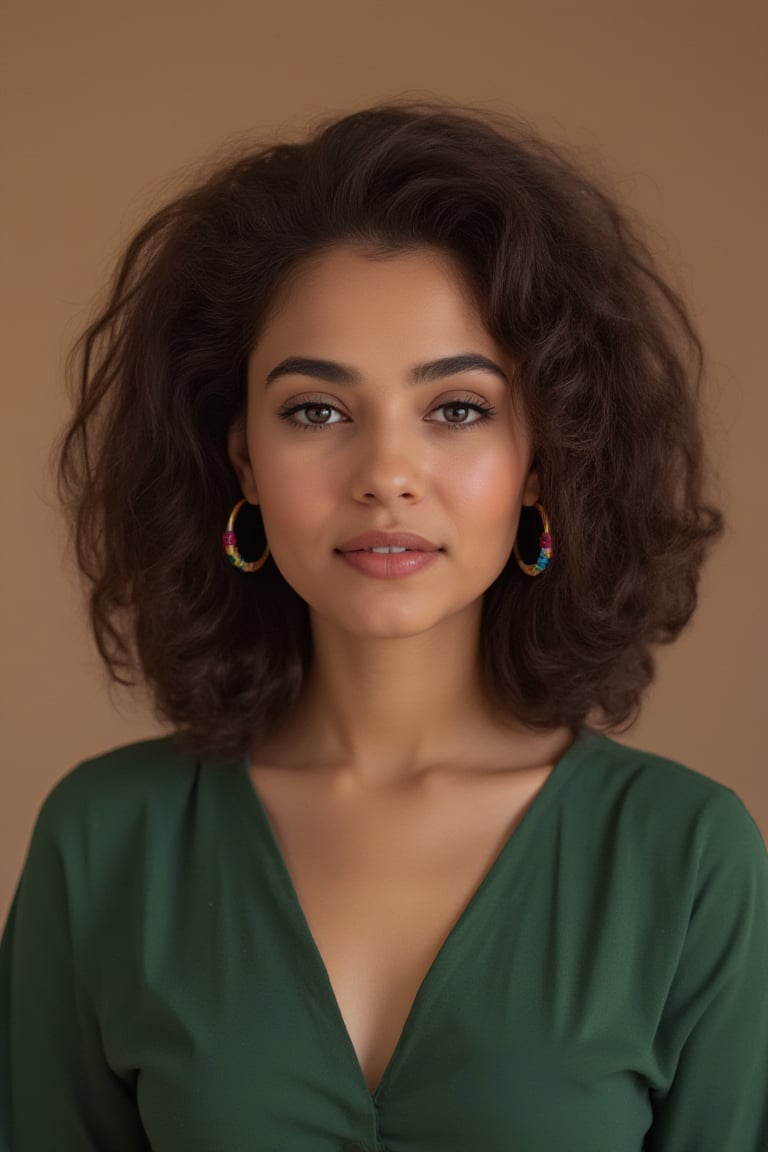 Make a realistic beautiful woman with curly brown hair, with brown skin tone and with a green blouse and colorful hoop earrings.,\realface\