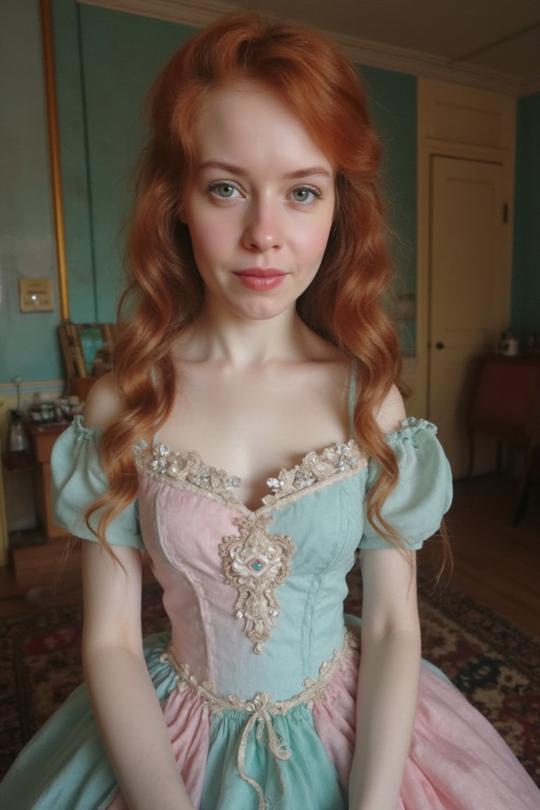 victorian woman who is a mash up of Molly Quinn, Scarlett Johanson and Alison Brie. Light Pink and Light blue dress. Green Eyes, Wide innocent smile, lace, jewels, large eyes, filligree