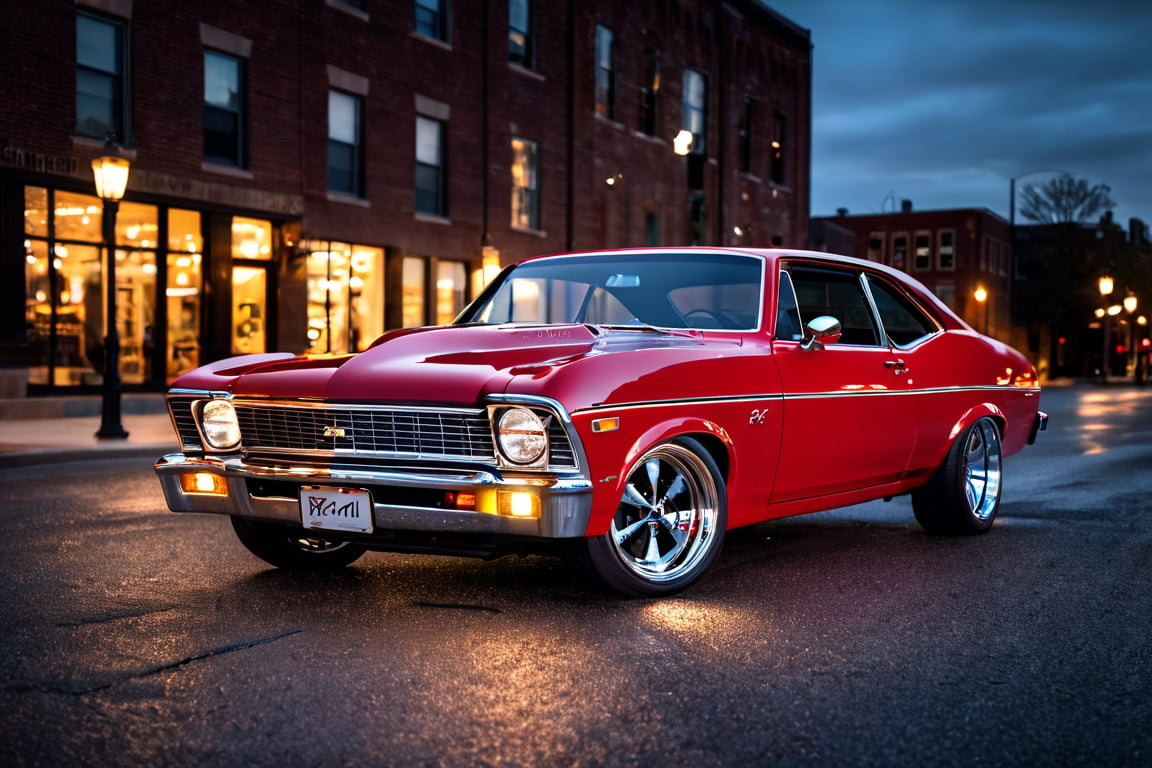 car photography,Chevy Chevrolet Nova coupe, 8k, 4k, detailed, attractive, beautiful, impressive, photorealistic, realistic, cinematic composition, volumetric lighting, high-resolution, vivid, detailed, stunning, professional, lifelike, crisp, flawless, DSLR, 4k, 8k, 16k, 1024, 2048, 4096, detailed, sharp, best quality, high quality, highres, absurdres, maximum detail, hard rim lighting photography, hyper realism, high detail, 8k, HDR, UHD