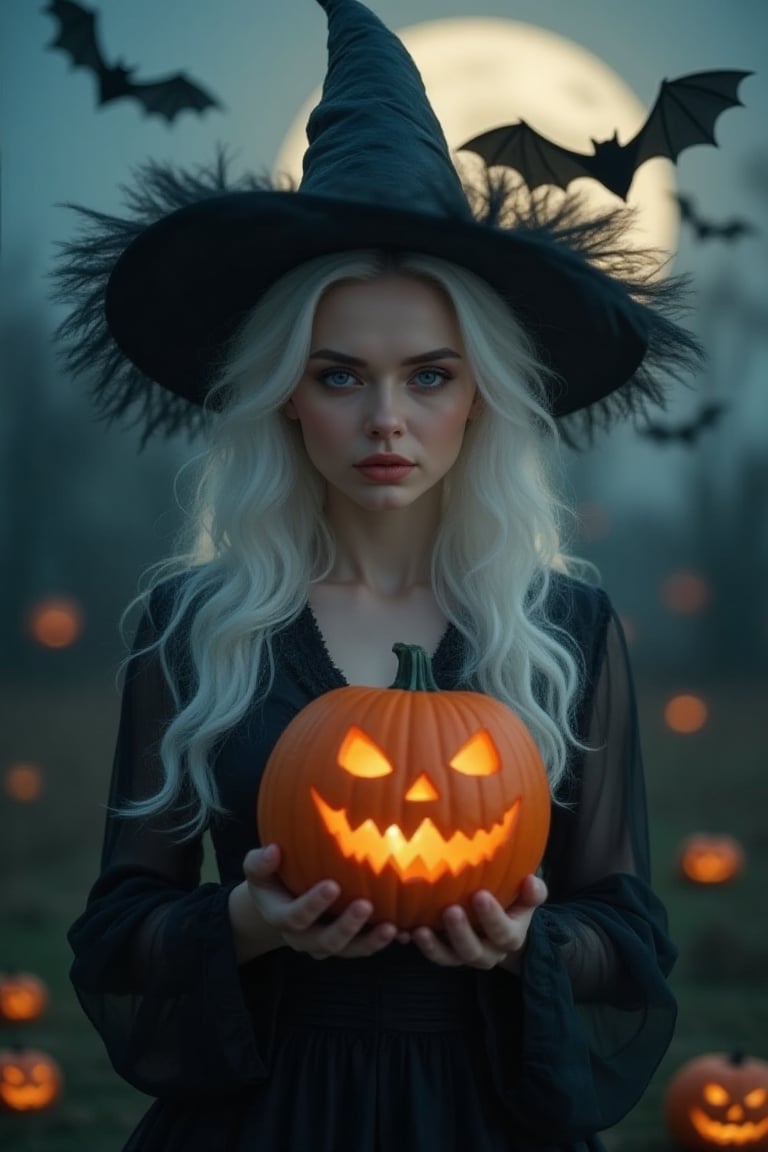 woman, albino, witch, pumpkin, night, bats