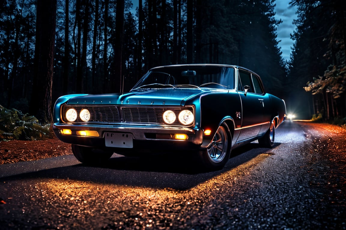 car photography, black Chrysler Valiant car on a road in the middle of a forest at night , 8k, 4k, detailed, attractive, beautiful, impressive, photorealistic, realistic, cinematic composition, volumetric lighting, high-resolution, vivid, detailed, stunning, professional, lifelike, crisp, flawless, DSLR, 4k, 8k, 16k, 1024, 2048, 4096, detailed, sharp, best quality, high quality, highres, absurdres, maximum detail, hard rim lighting photography, hyper realism, high detail, 8k, HDR, UHD